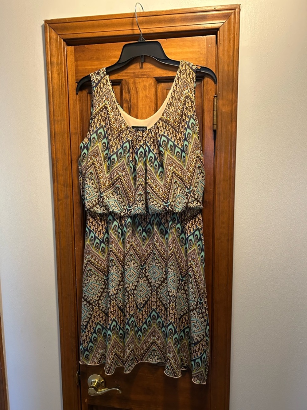 Enfocus Studio Brown and Teal Geometric Sleeveless Mini Dress with lining